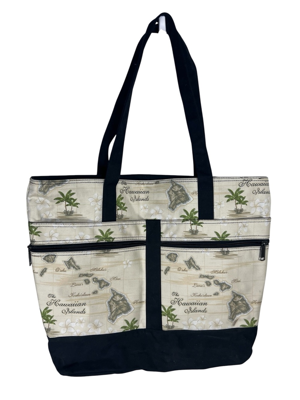 Hawaiian Islands Multi Pocket Top Zip Closure Tote Bag